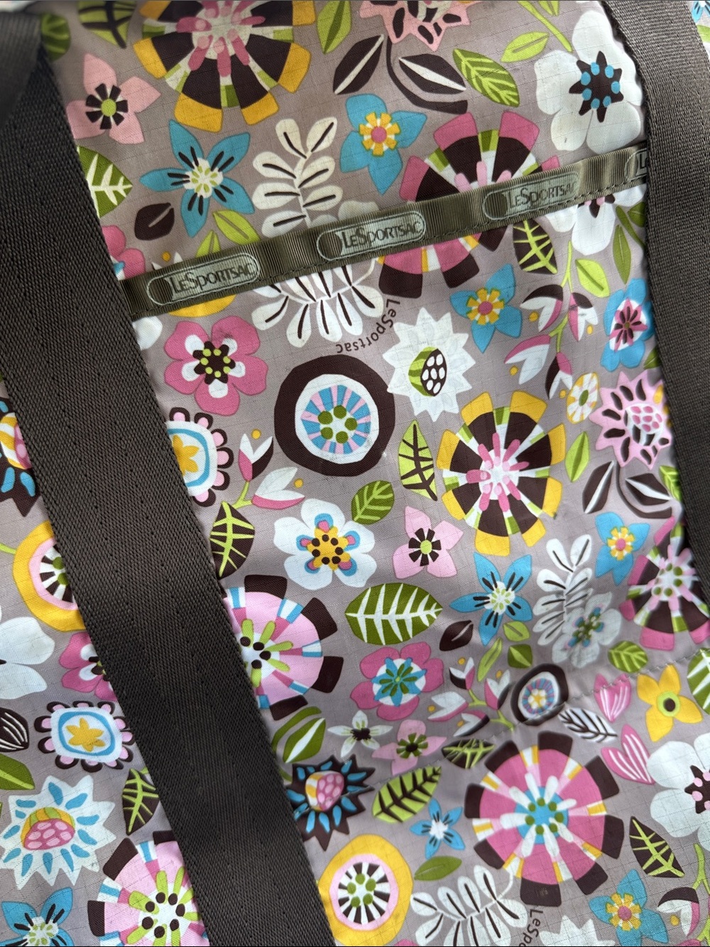 LeSportsac Brown Floral Tote with Pink, Blue & Yellow Accents
